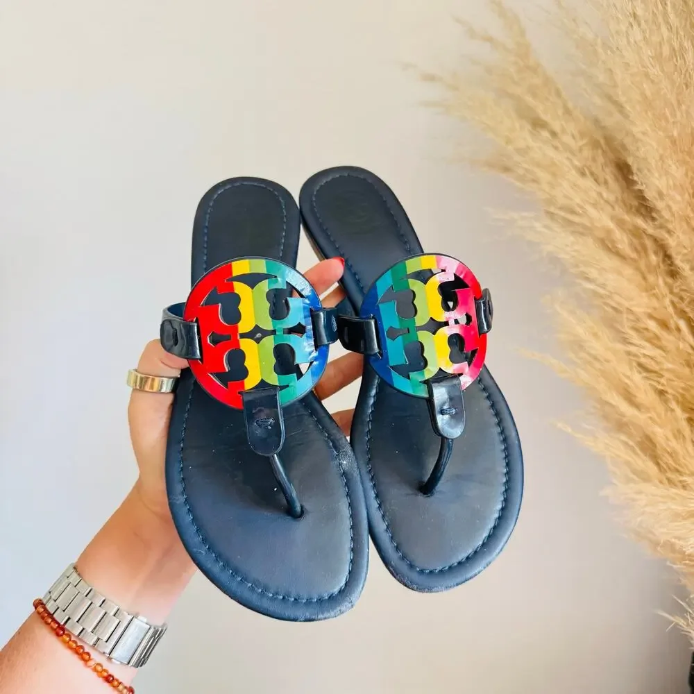 TORY BURCH Navy Blue Rainbow Logo Patent Leather Miller $258 Slides Sandal 7